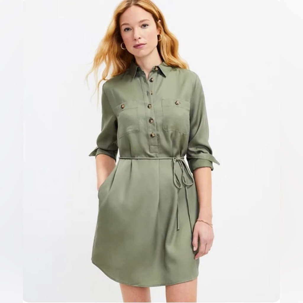 Loft Green Buttoned Tie Front Dress